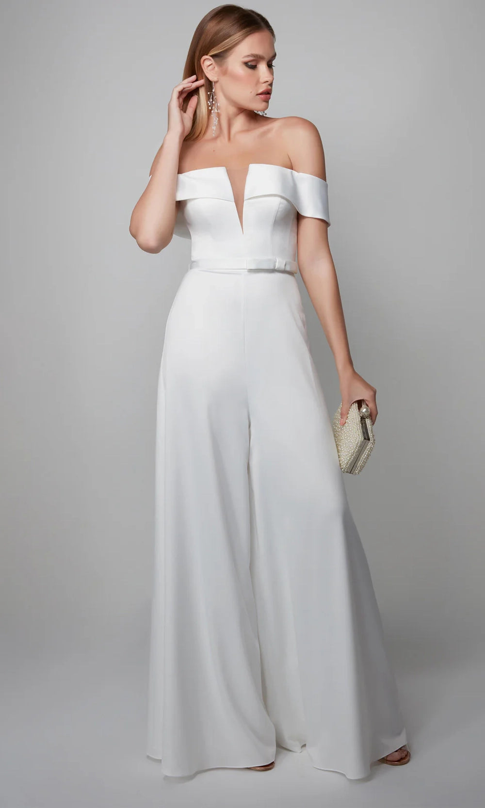 Alyce Paris 70012 - Satin Off Shoulder Wide-Leg Jumpsuit - designer formal jumpsuit at Silhouette Dresses