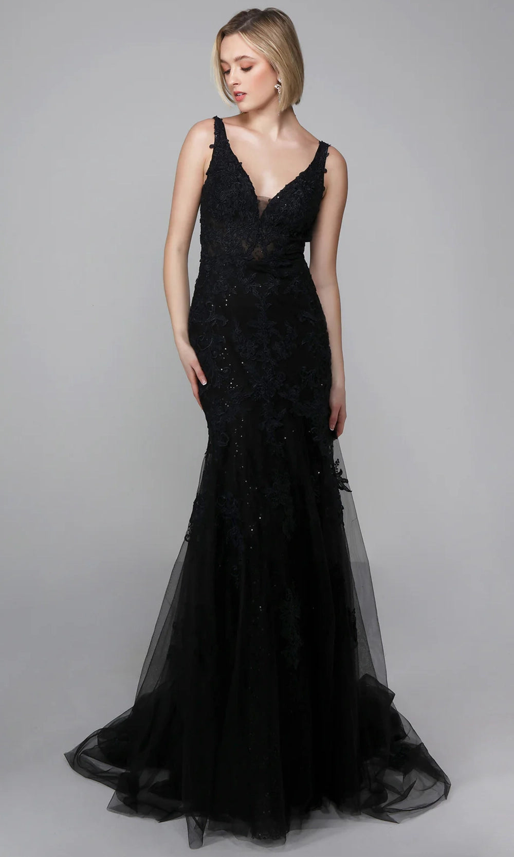 Alyce Paris 7029 - Plunging Trumpet Dress with Embroidered Detail - detail view