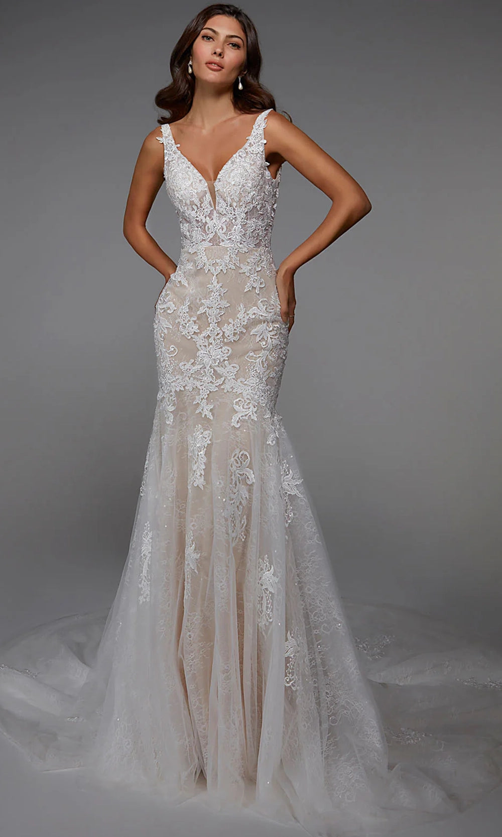 Alyce Paris 7029 - Plunging Trumpet Dress with Embroidered Detail - designer wedding dress at Silhouette Dresses