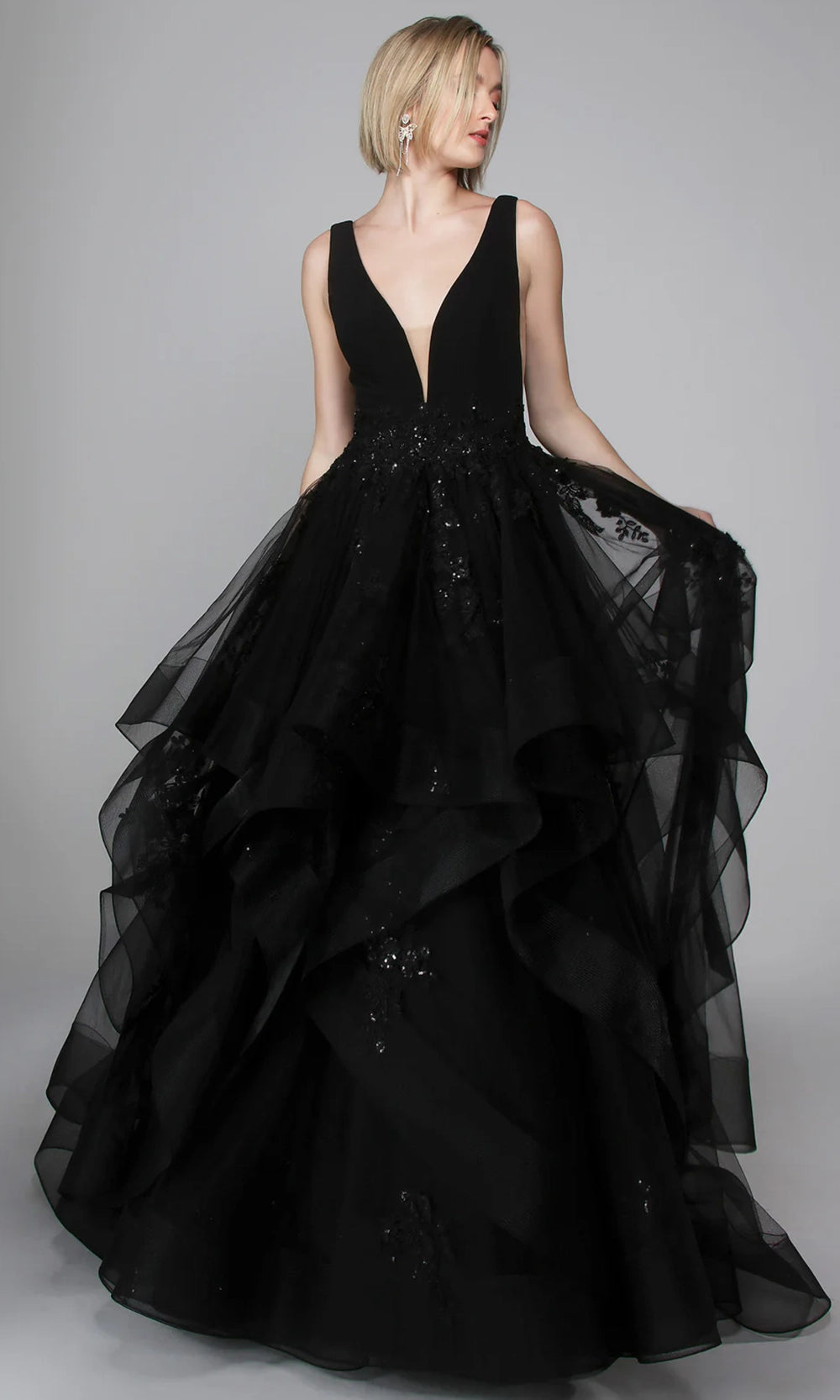 Alyce Paris 7040 - Lace Appliqued Ruffle Tulle Ballgown - detail view