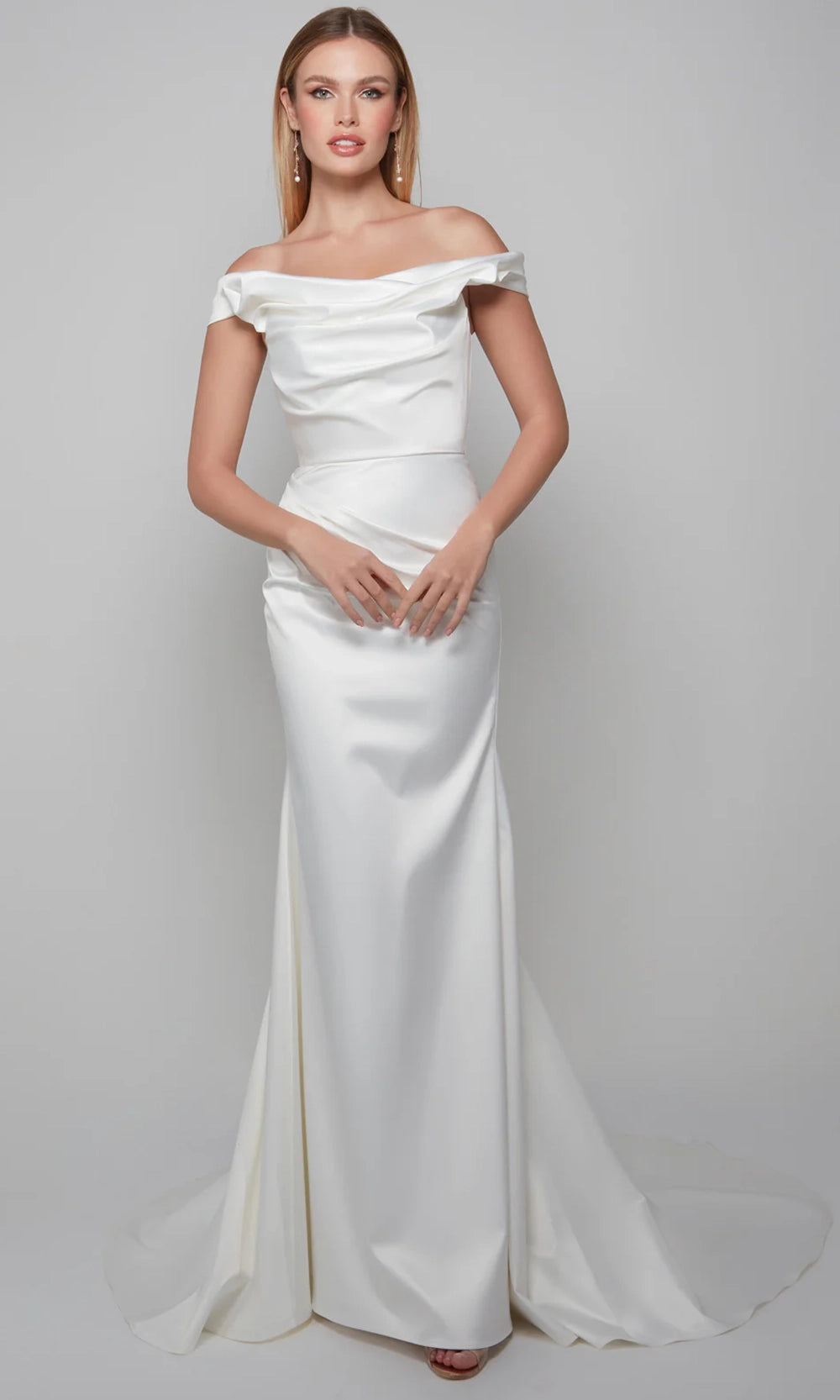 Alyce Paris 7064 - Ruched Ornate Off Shoulder Satin Gown - designer wedding dress at Silhouette Dresses
