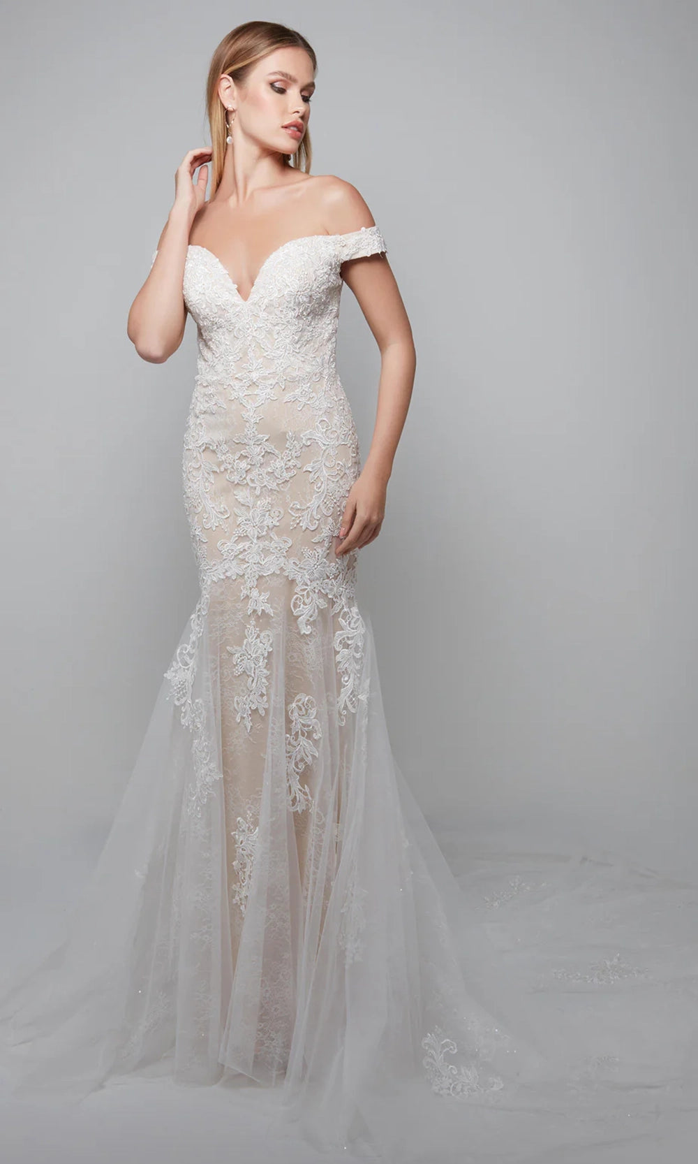 Alyce Paris 7086 - Lace Appliqued Off Shoulder Trumpet Gown - designer wedding dress at Silhouette Dresses
