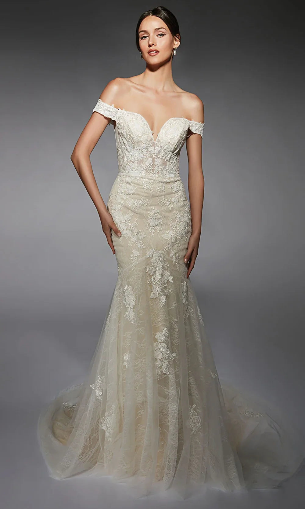Alyce Paris 7118 - Off Shoulder Lace Fit and Flare Gown