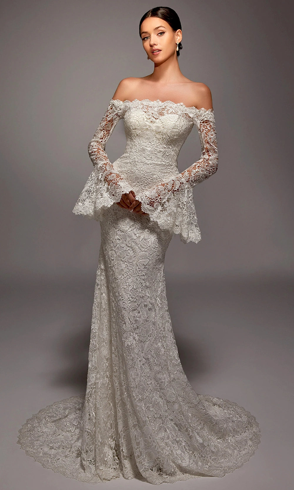 Alyce Paris 7156 - Lace Off Shoulder Gown with Flared Cuffs - designer wedding dress at Silhouette Dresses