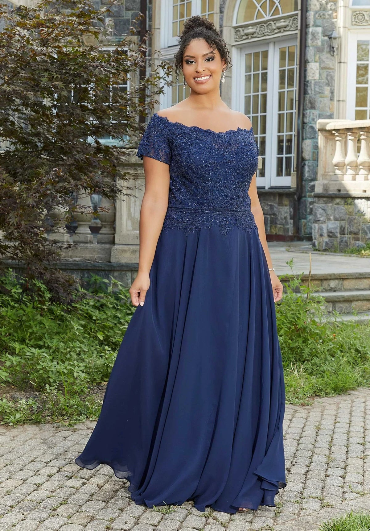 MGNY By Mori Lee - 72133 Off Shoulder Lace Appliqued Chiffon Dress