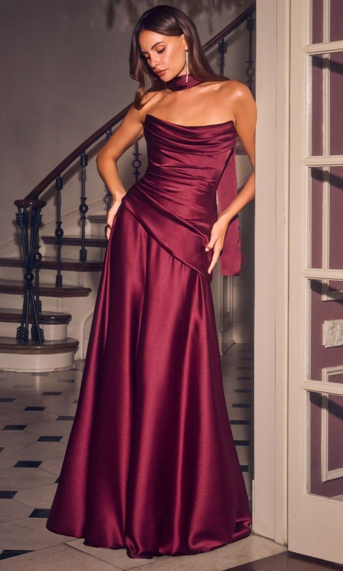 Ladivine 7432 Strapless Ruched Satin Dress