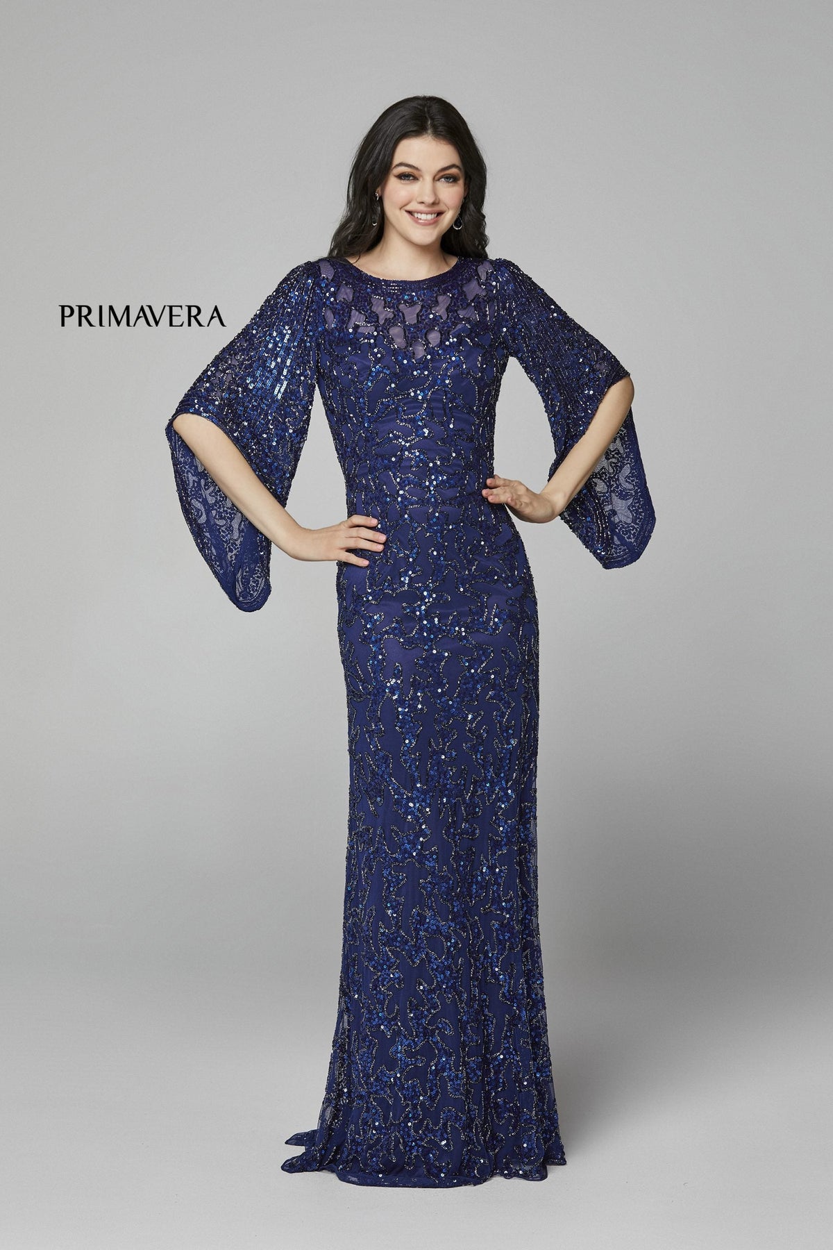 Primavera Couture - 9713 Sequined Flare Sleeve Junior Prom Gown