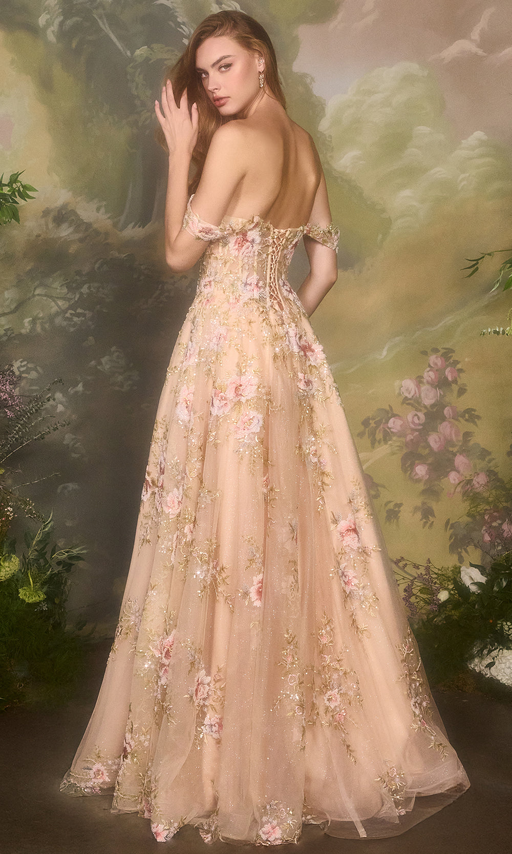 Andrea and Leo A1480 - Floral Corset Bodice A-Line Evening Dress - back view