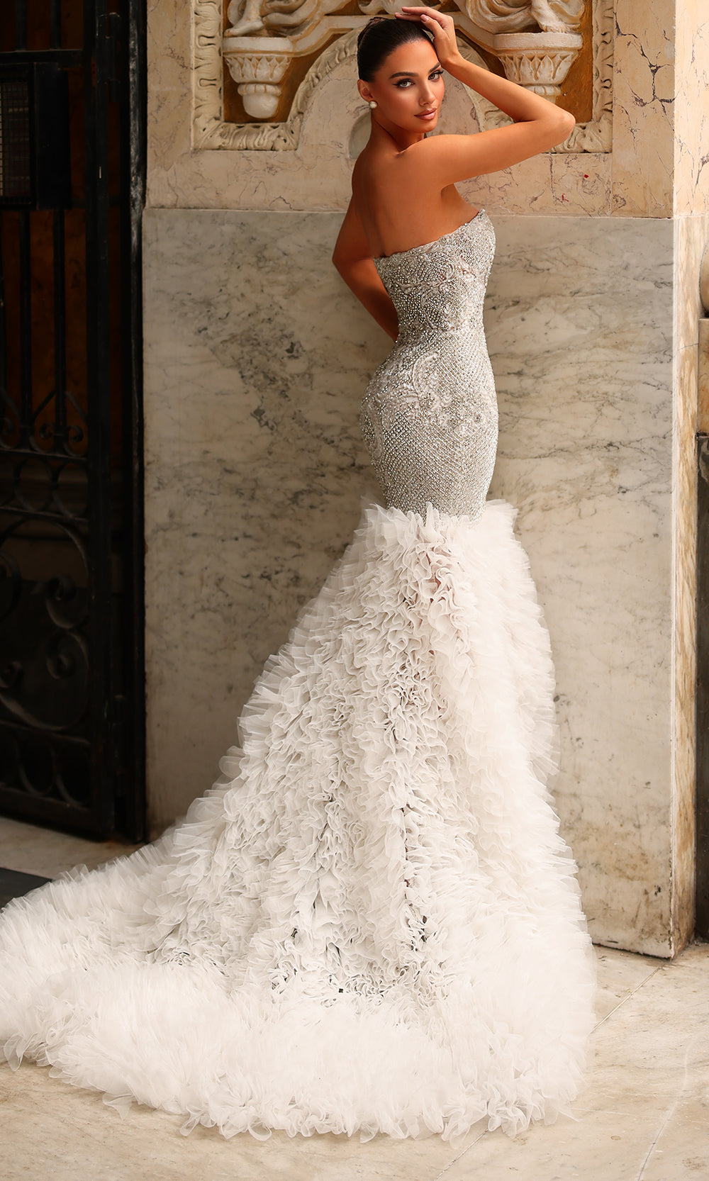 Chic and Holland BR550030 - Strapless Beaded Dress with Feather Skirt - back view