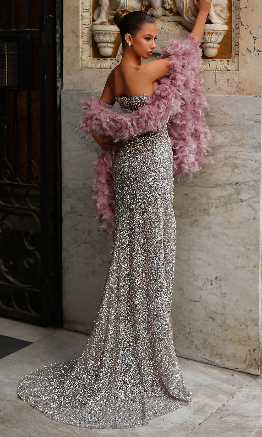 Chic and Holland HF110554 - Corset Bodice Hand Beaded Strapless Dress - back view