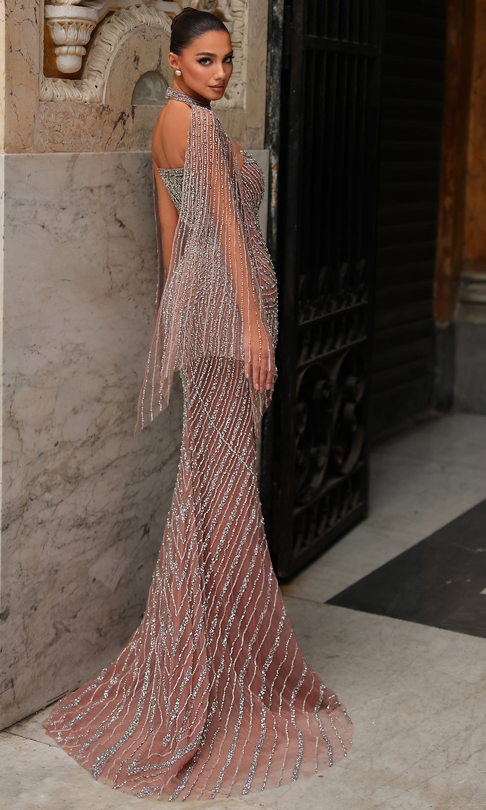 Chic and Holland HF110559 - Deep Sweetheart Evening Dress with Cape - back view
