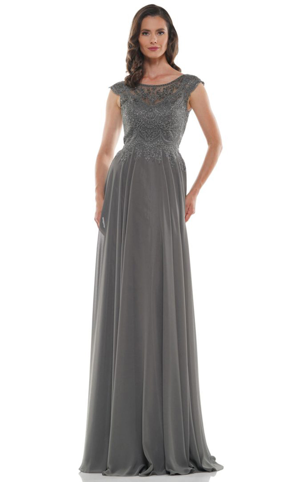 Marsoni by Colors - M238 Beaded Applique A Line Chiffon Dress - designer evening gown at Silhouette Dresses