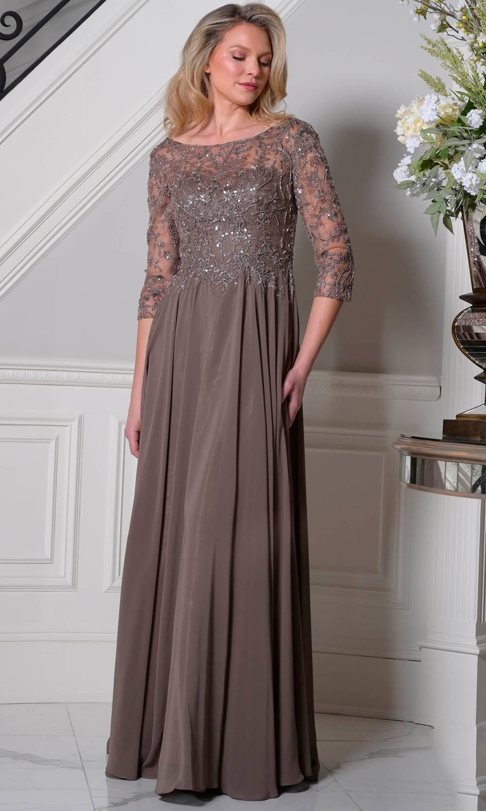 Marsoni by Colors M340SL - Three-Quarter Sleeve Lace Applique Dress - designer mother of the bride dress at Silhouette Dresse