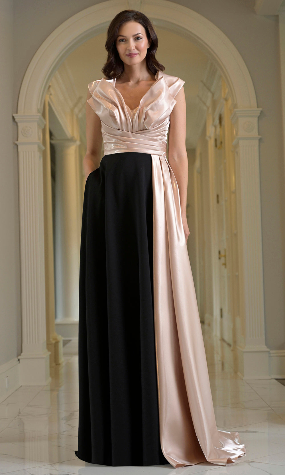 Marsoni by Colors M345 - Plunging Neck A-Line Gown with Sash - designer formal gown at Silhouette Dresses