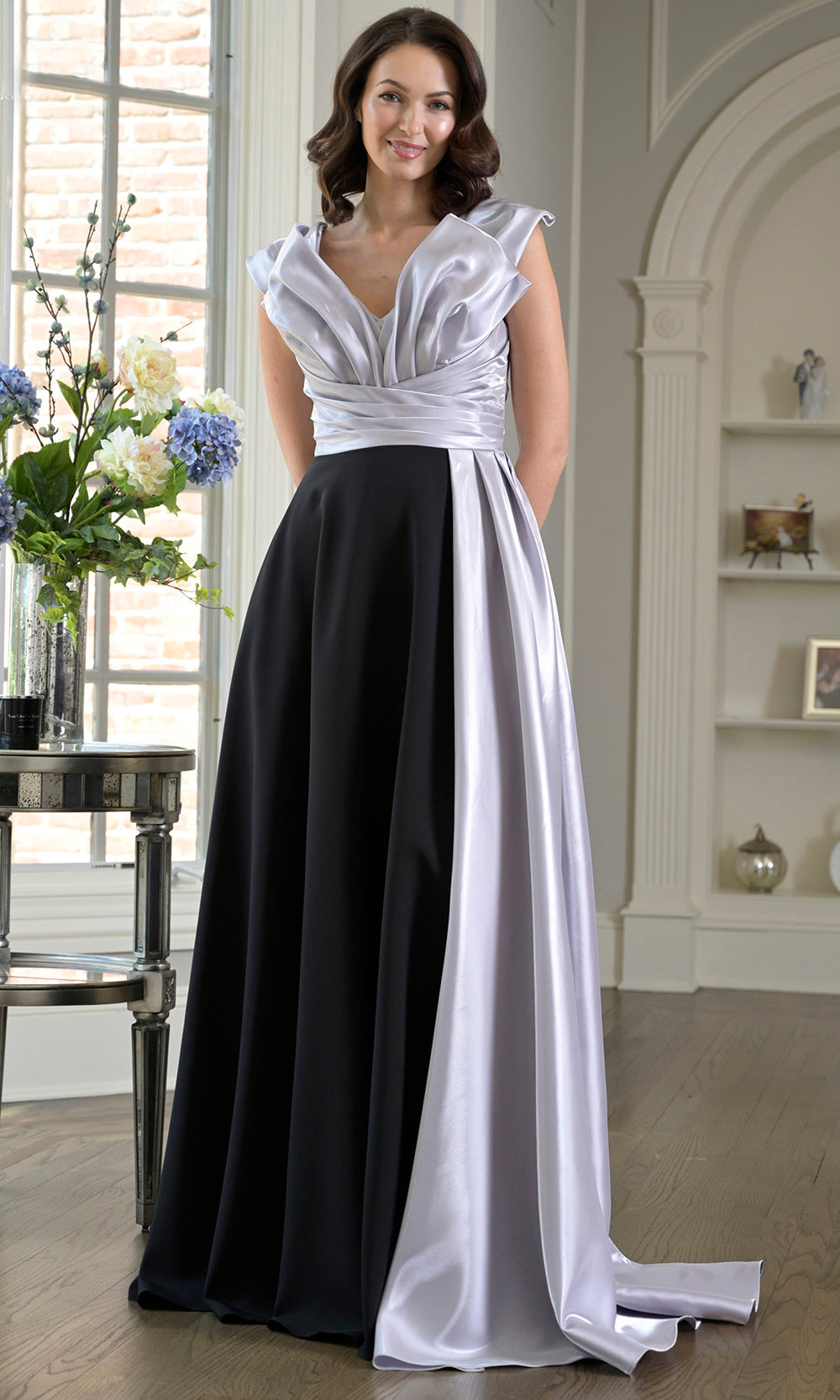 Marsoni by Colors M345 - Plunging Neck A-Line Gown with Sash - detail view