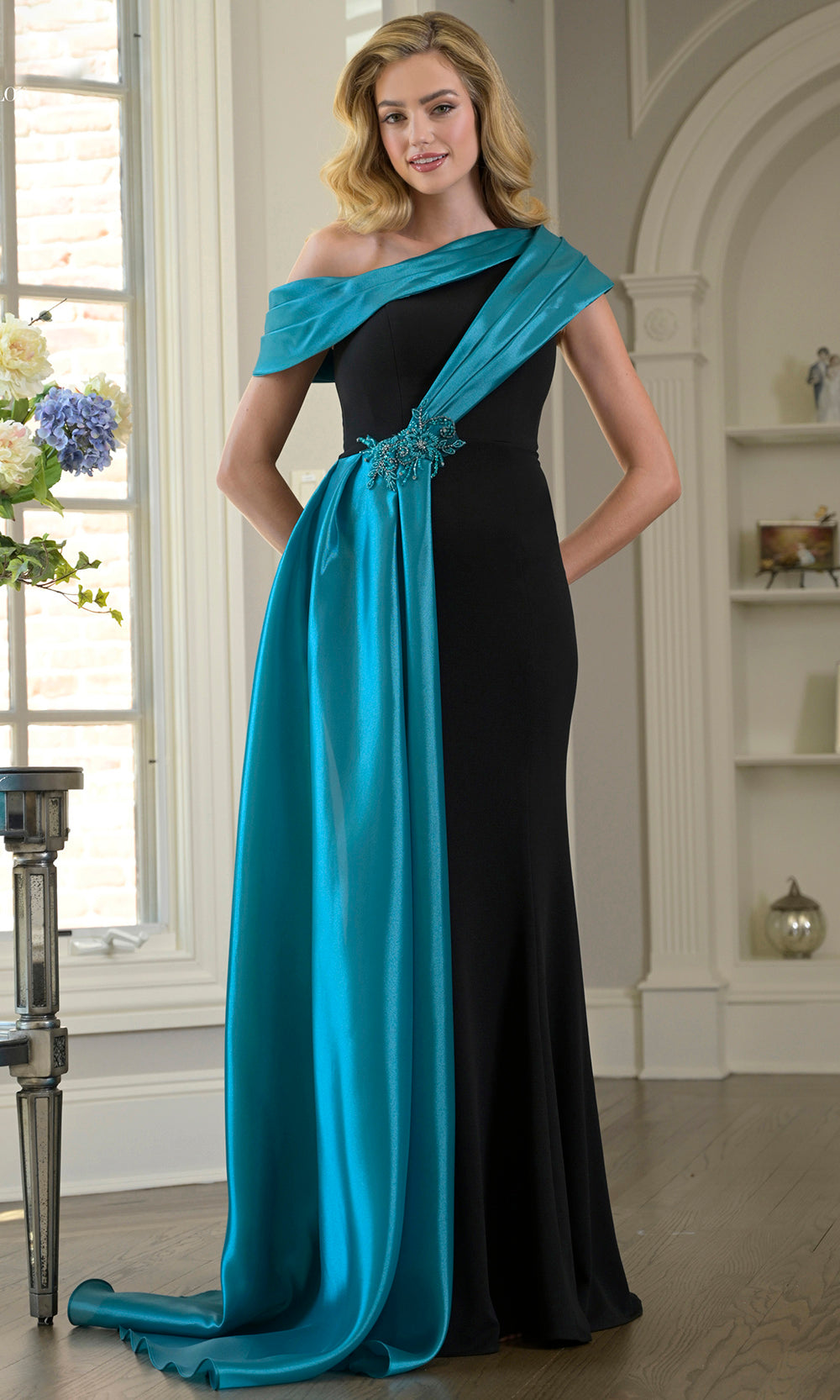 Marsoni by Colors M346 - Asymmetric Neck Draped Overlay Gown - back view