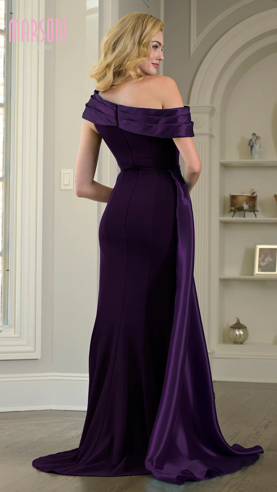 Marsoni by Colors M346 - Asymmetric Neck Draped Overlay Gown - view 6