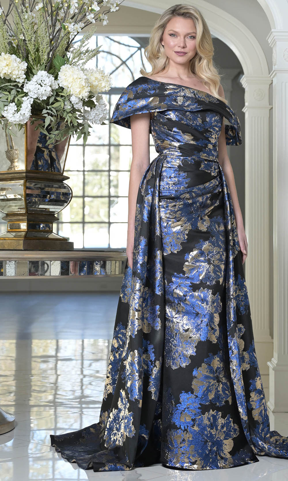 Marsoni by Colors M348 - Off Shoulder Asymmetric Textured Dress - designer mother of the bride dress at Silhouette Dresses
