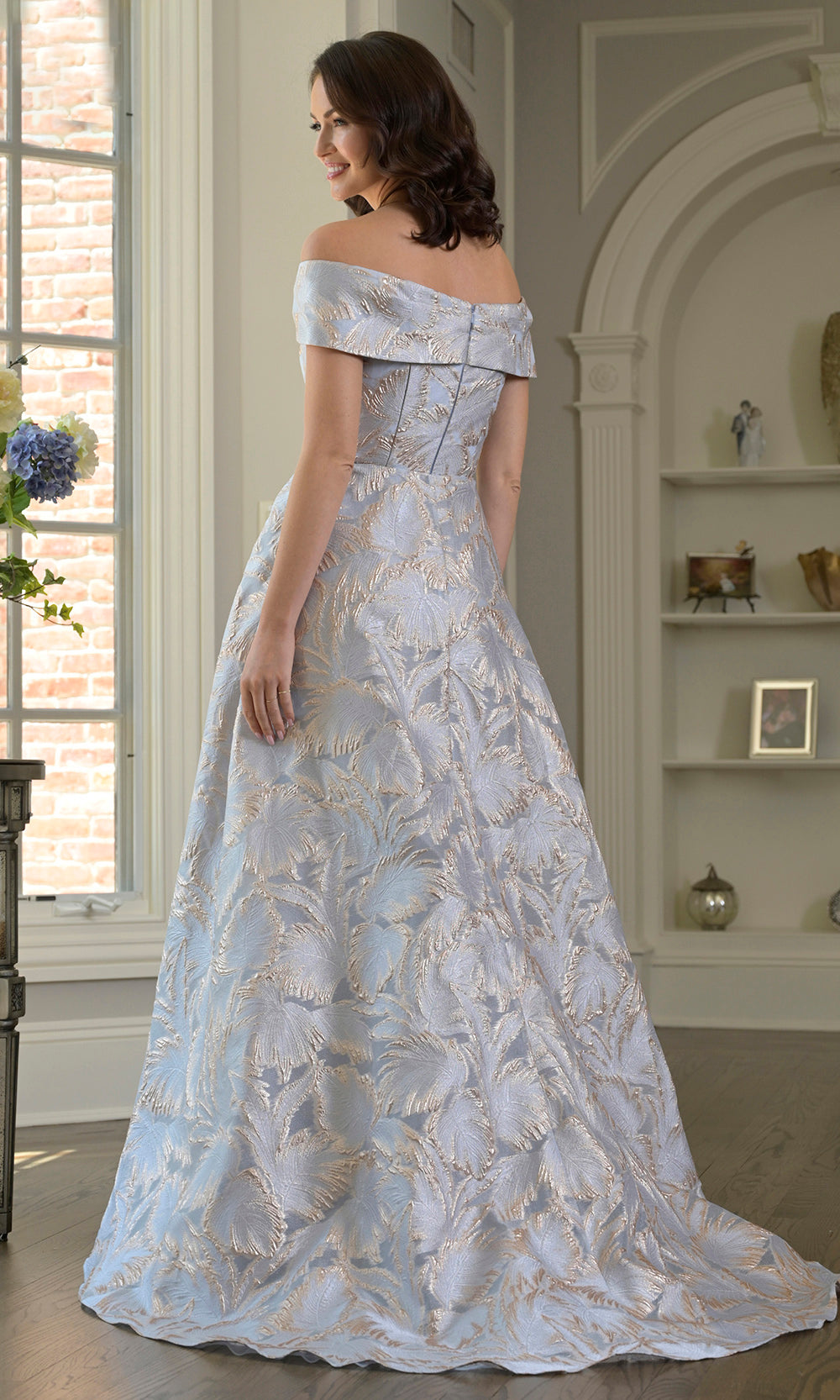 Marsoni by Colors MV1382 - Off Shoulder Jacquard Gown with Overskirt - detail view