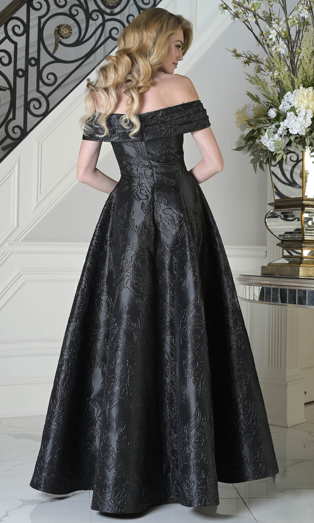 Marsoni by Colors MV1395 - Pleated Off Shoulder Jacquard Dress - back view