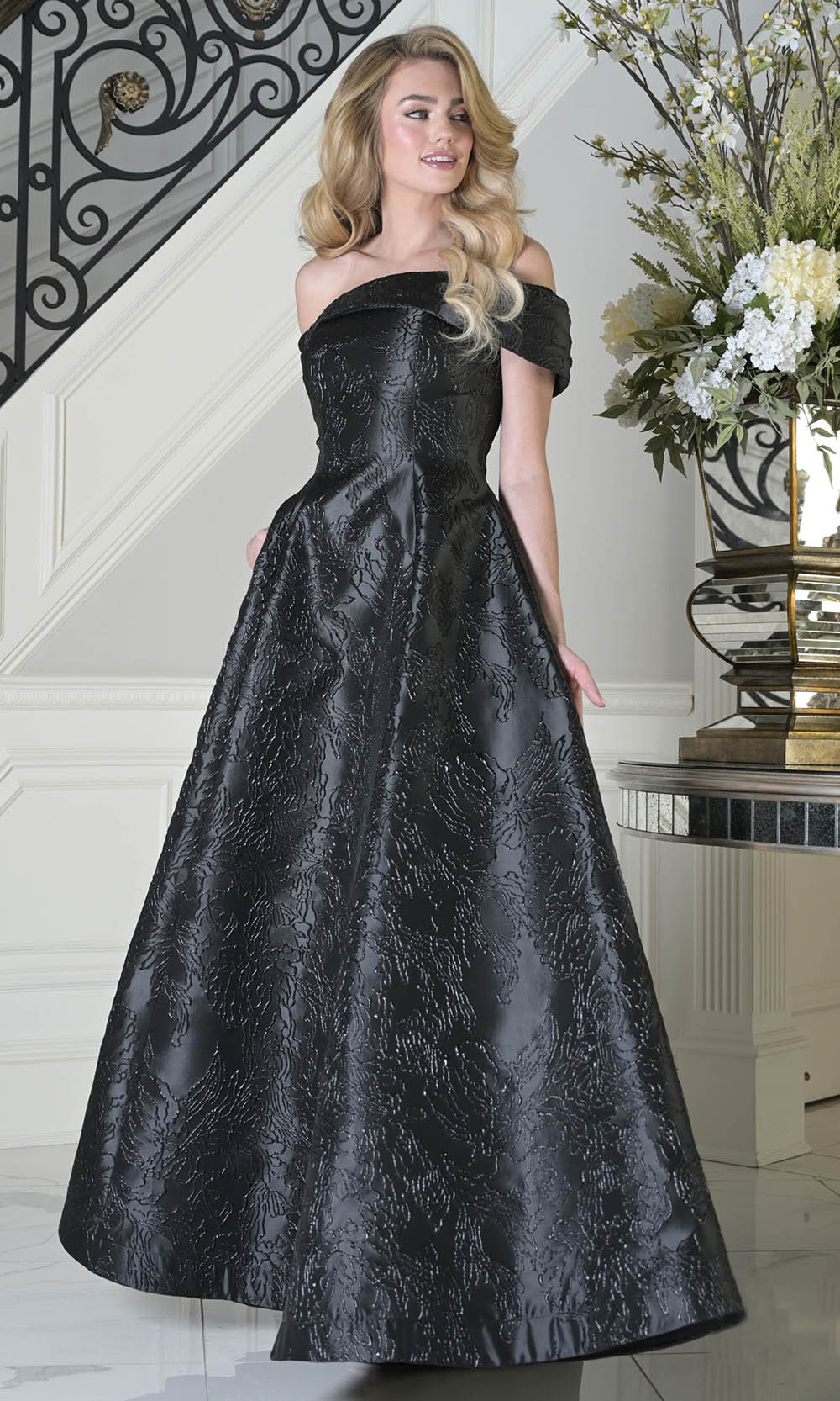 Marsoni by Colors MV1395 - Pleated Off Shoulder Jacquard Dress - designer evening gown at Silhouette Dresses