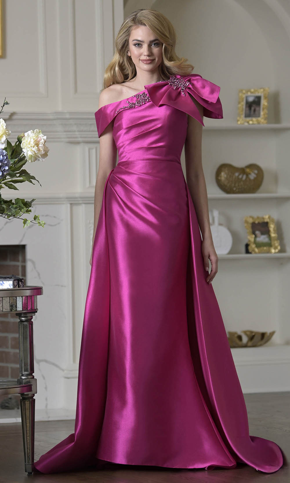Marsoni by Colors MV1408 - Shoulder Bow Accent Overskirt Formal Dress - back view