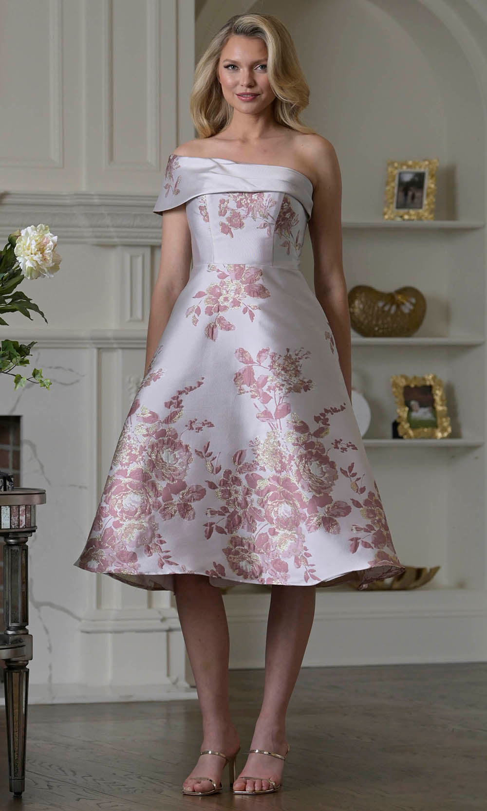 Marsoni by Colors MV1415 - Off Shoulder Tea-Length Floral Dress - detail view