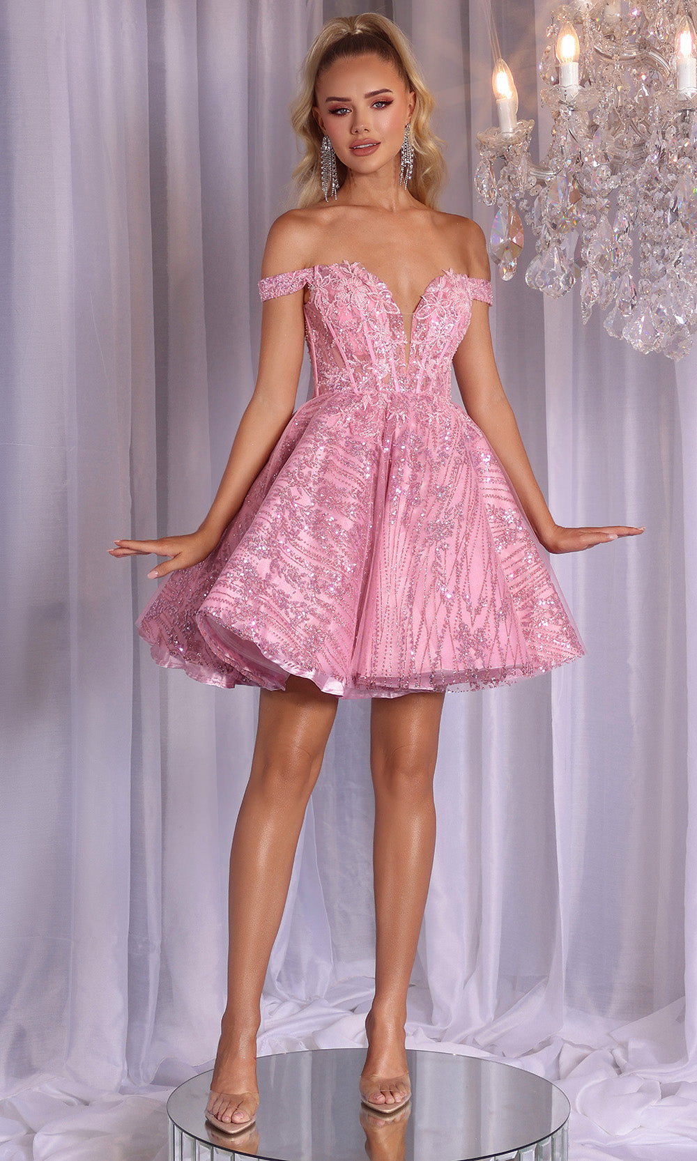 Portia and Scarlett PS25735 - Off Shoulder Sequin Lace Short Dress - designer cocktail dress at Silhouette Dresses