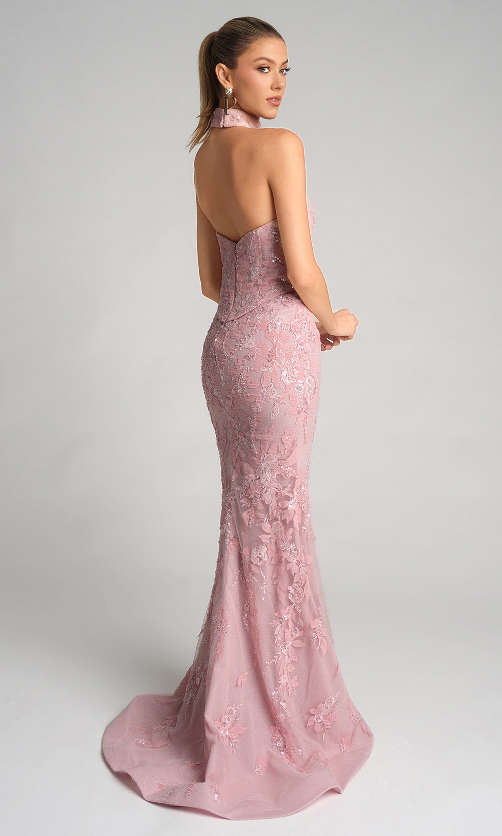 Portia and Scarlett PS26005 - Embroidered Floral Scoop Neck Dress - back view