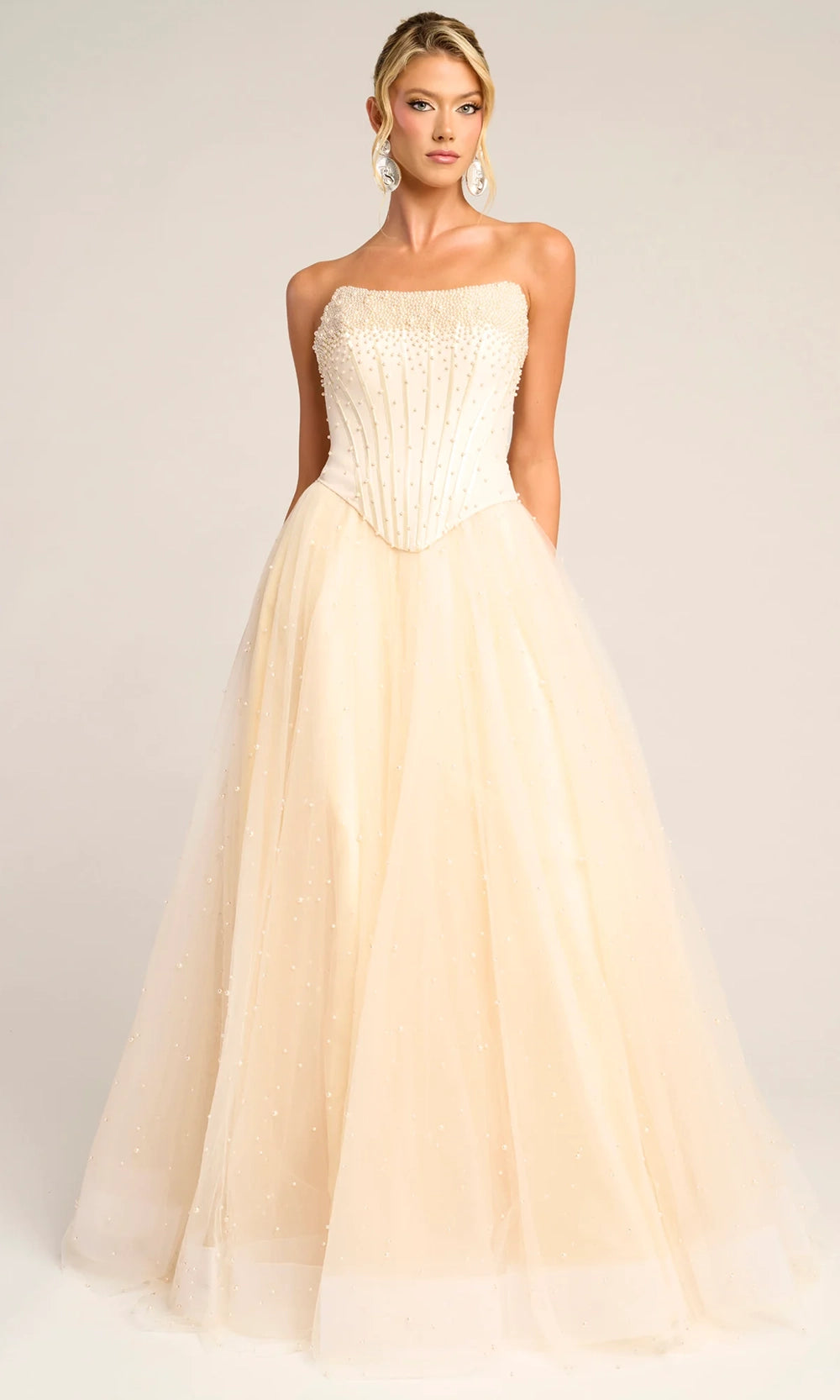 Portia and Scarlett PS26034 - Pearl Embellished Corset Tulle Gown - detail view