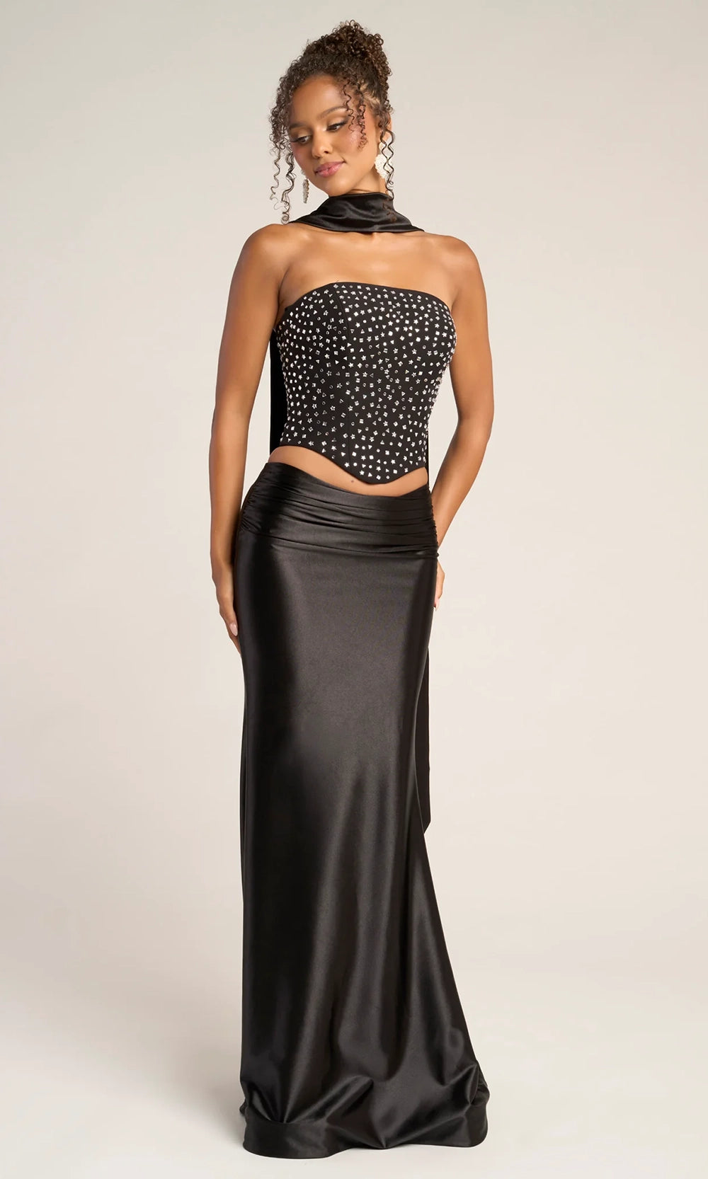 Portia and Scarlett PS26042 - Beaded Crop Top Sheath Dress With Scarf - designer prom dress at Silhouette Dresses