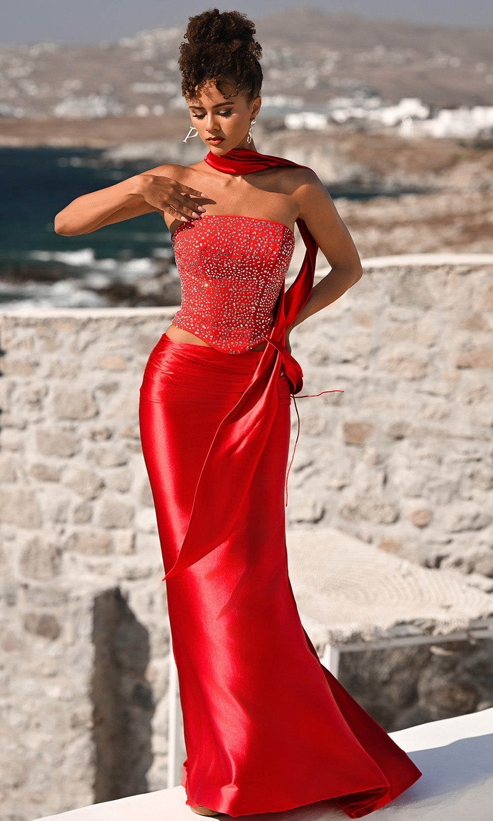 Portia and Scarlett PS26042 - Beaded Crop Top Sheath Dress With Scarf - view 6