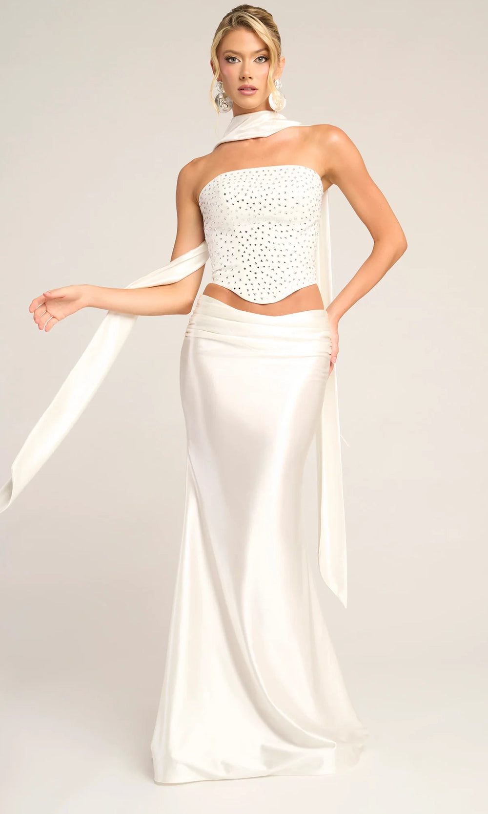 Portia and Scarlett PS26042 - Beaded Crop Top Sheath Dress With Scarf - view 9