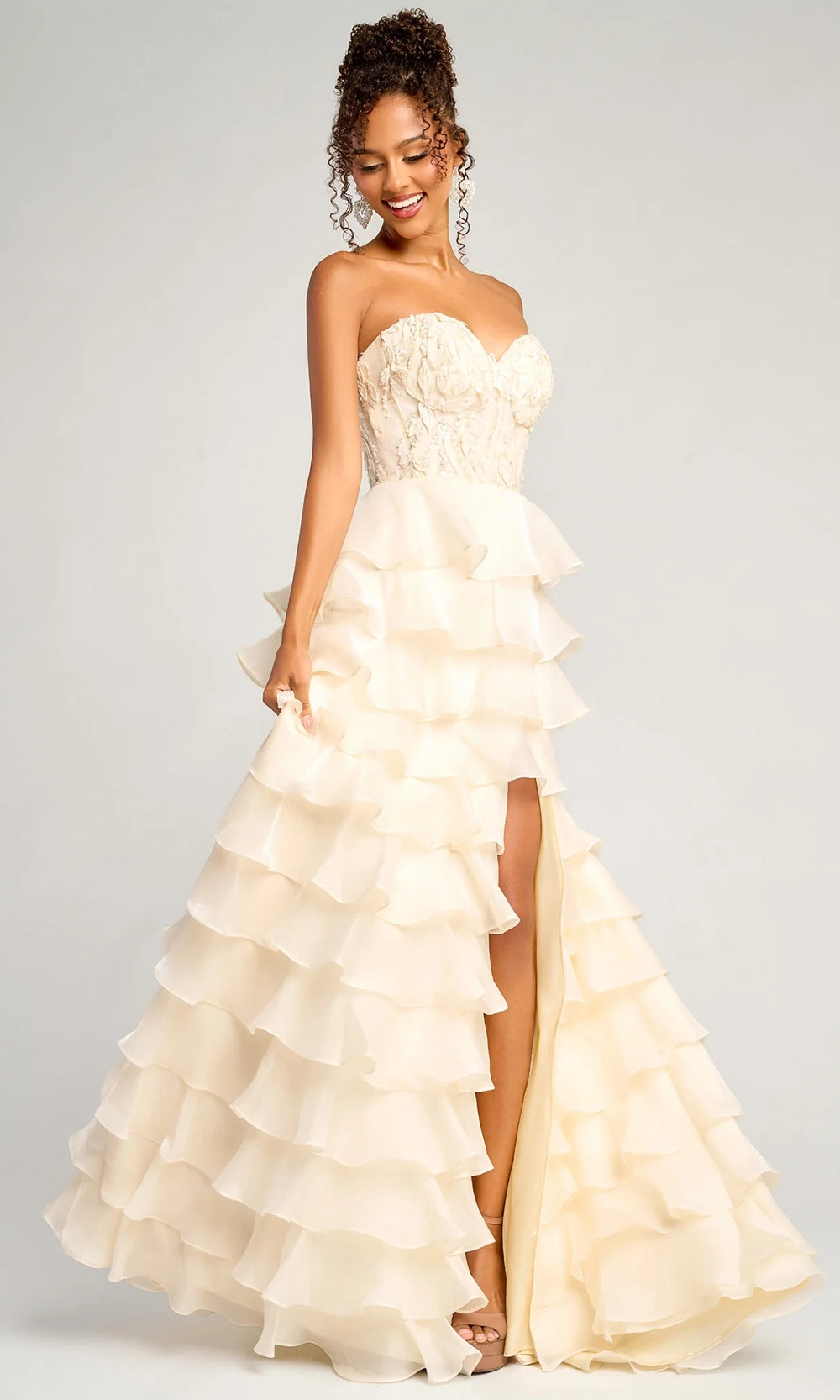 Portia and Scarlett PS26048 - Tiered Ruffle Sweetheart Gown With Slit - detail view