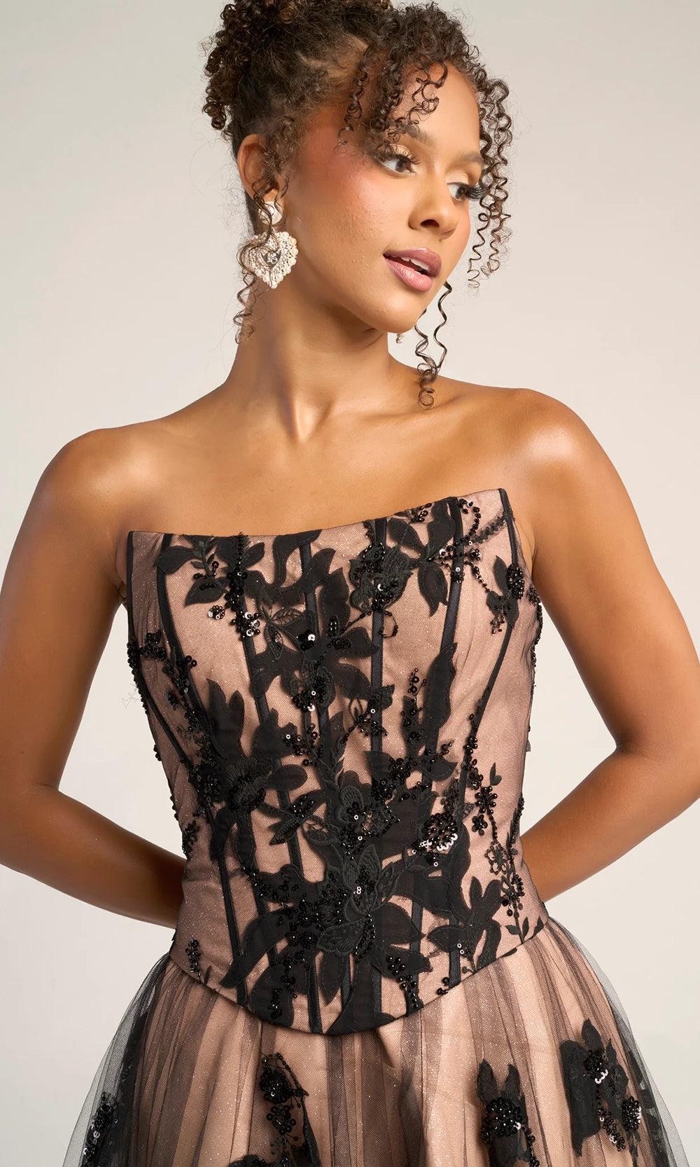 Portia and Scarlett PS26061 - Floral Lace Corset A-Line Prom Dress - back view