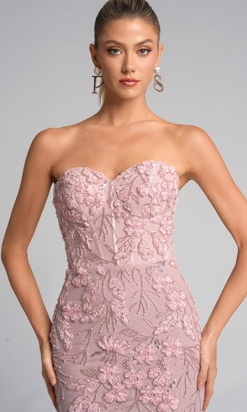 Portia and Scarlett PS26074 - Embroidered Floral Side Slit Gown - view 4