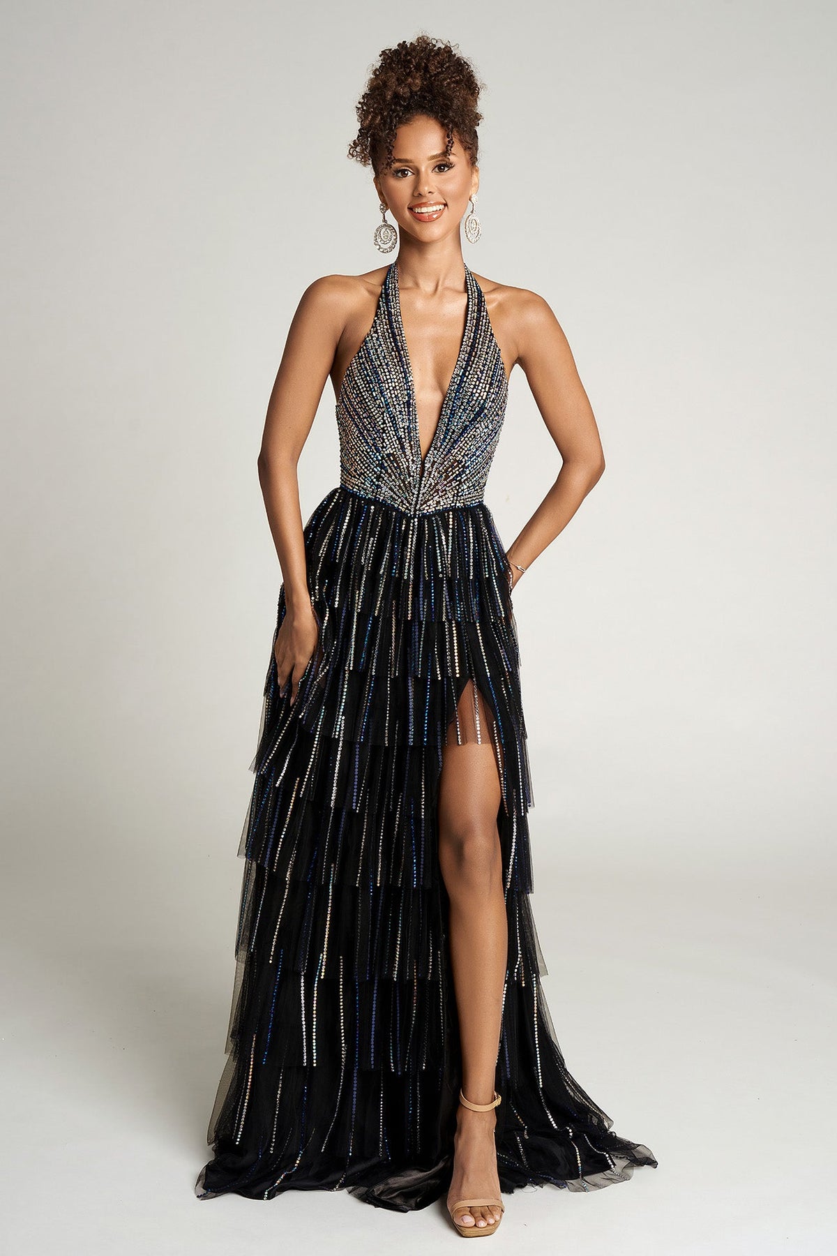 Portia and Scarlett PS26117 - Embellished Halter Ruffle Prom Gown - designer prom dress at Silhouette Dresses