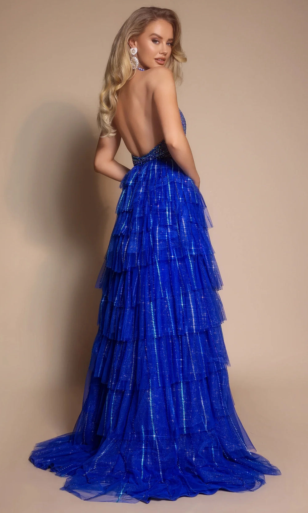 Portia and Scarlett PS26117 - Embellished Halter Ruffle Prom Gown - back view