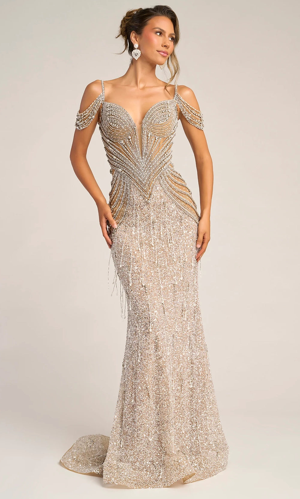 Portia and Scarlett PS26449C - Cold Shoulder Beaded Fringe Gown - designer prom dress at Silhouette Dresses