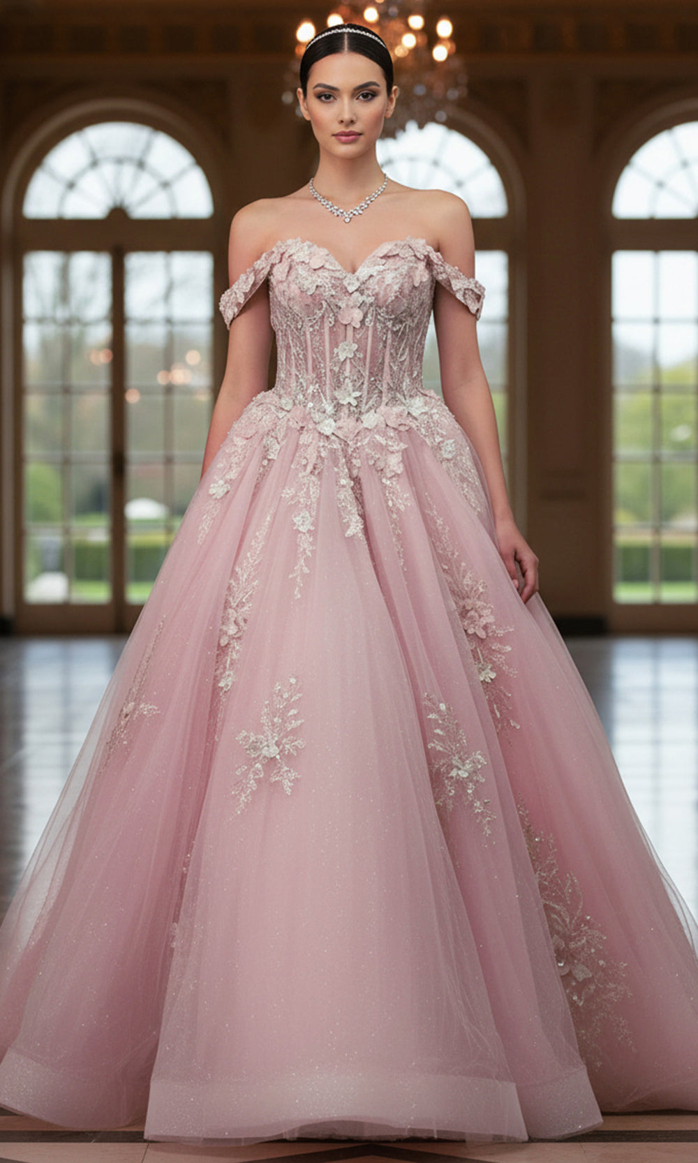 Jovani Q43434 - Off Shoulder Lace Applique Ballgown - back view