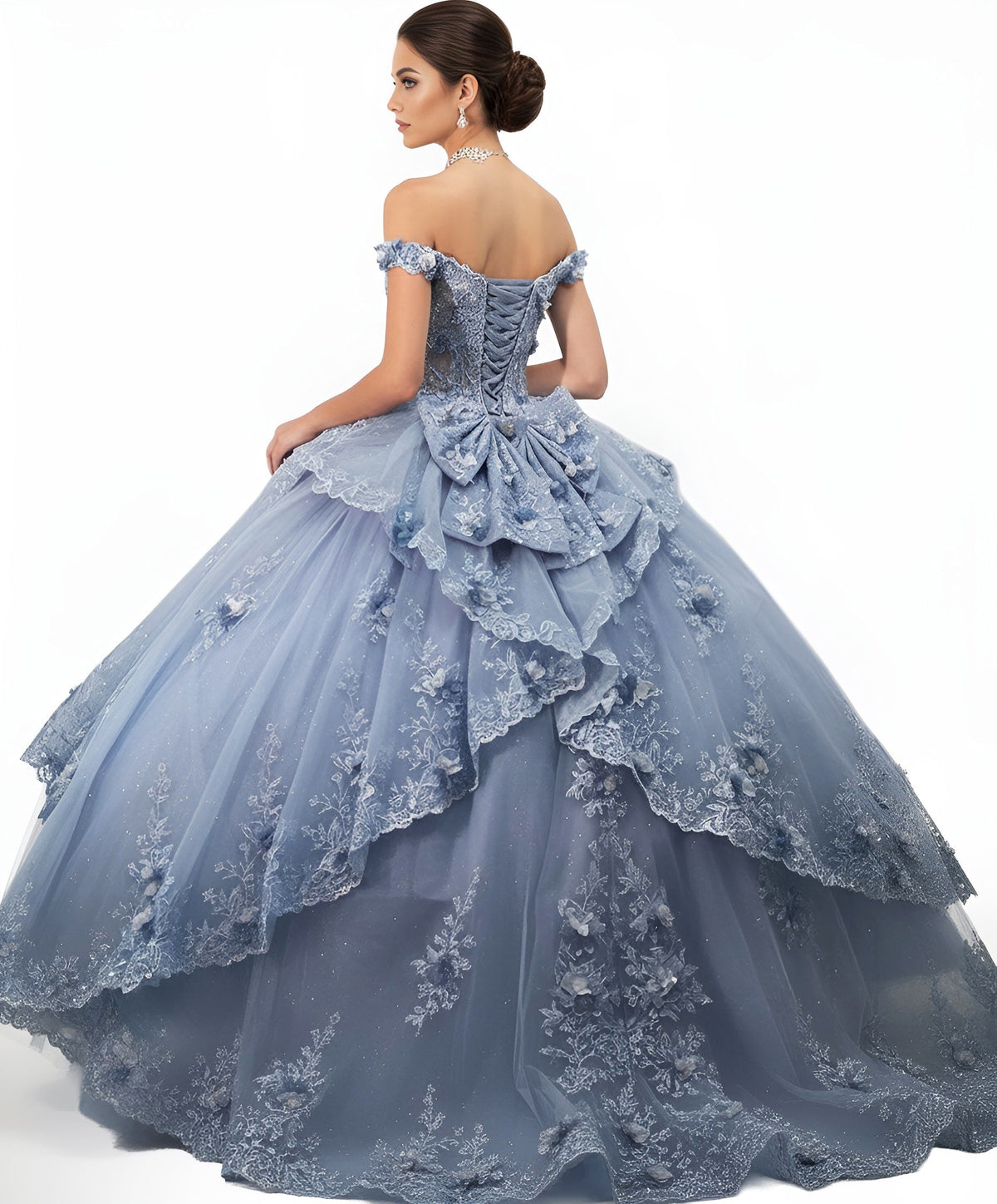Jovani Q43820 - Off Shoulder Layered Ballgown with Embroidery - detail view