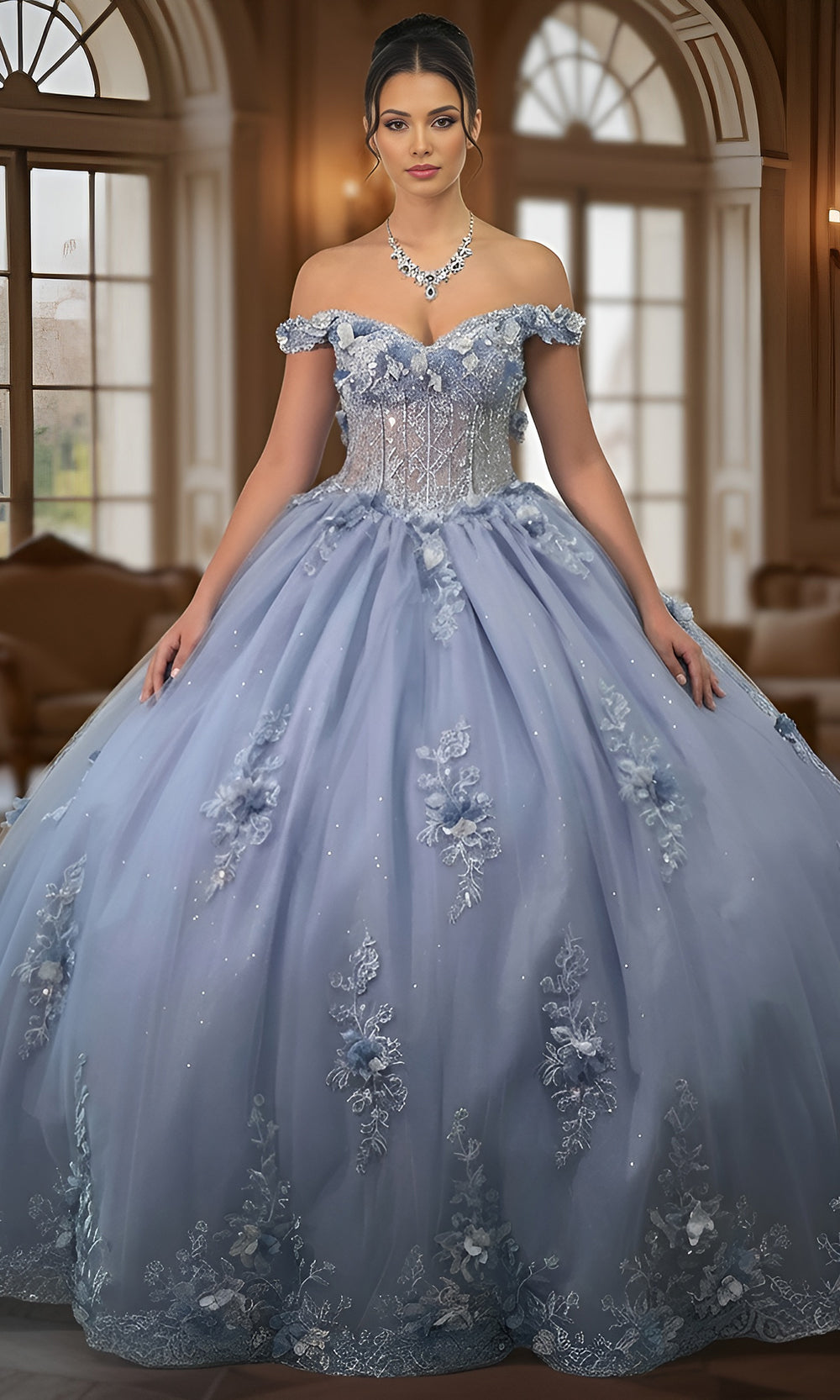 Jovani Q43820 - Off Shoulder Layered Ballgown with Embroidery - designer quinceanera gown at Silhouette Dresses
