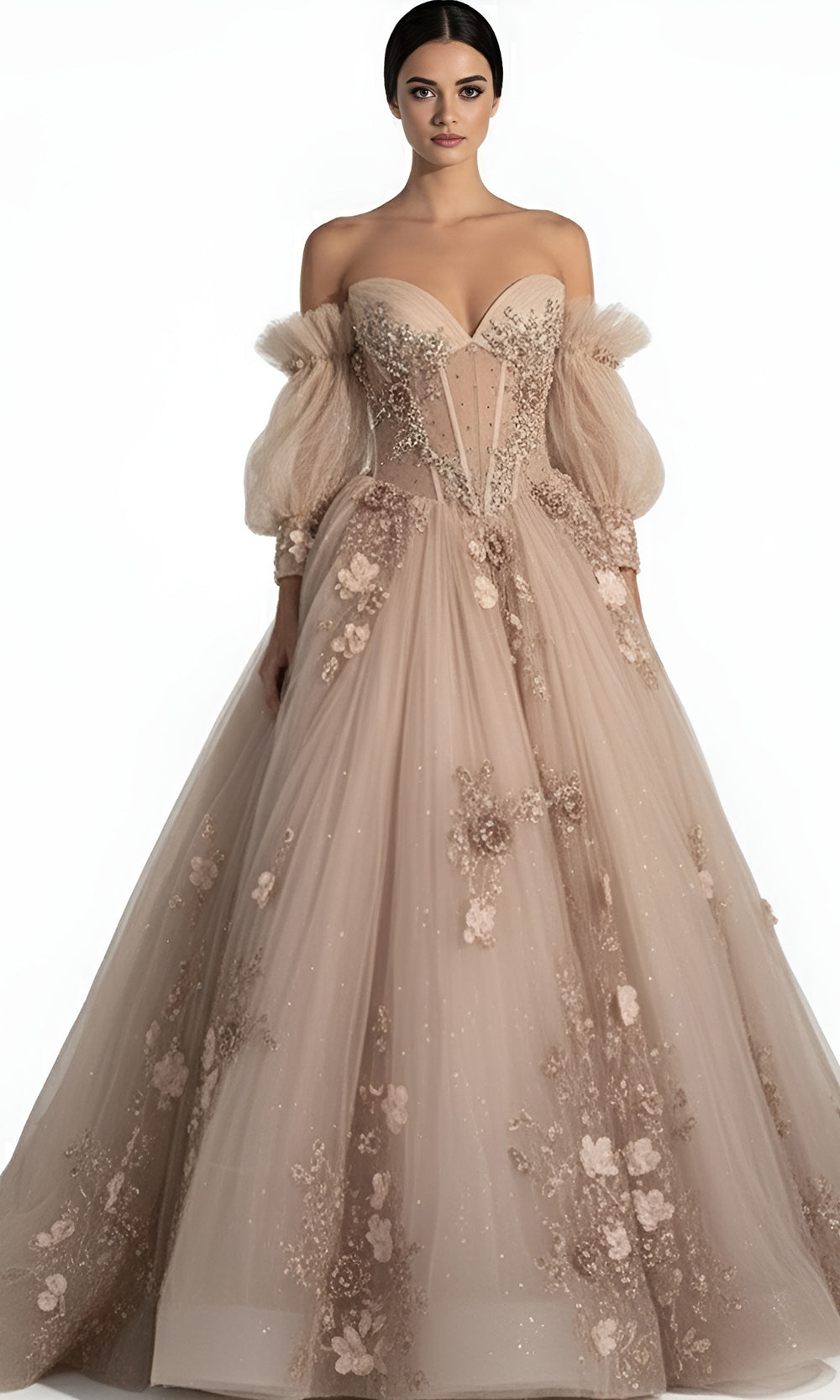 Jovani Q46662 - Off Shoulder Puff Sleeve Applique Ballgown - designer quinceanera gown at Silhouette Dresses