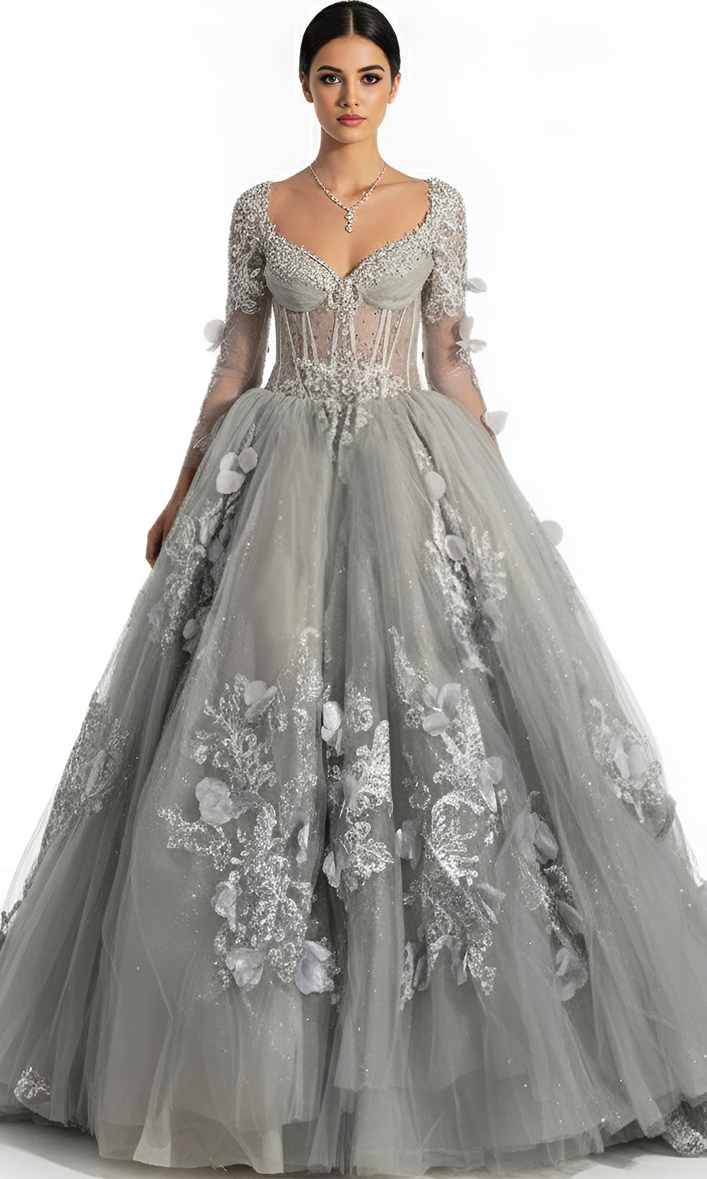 Jovani Q46666 - Sheer Corset Lace Sleeve Ballgown - designer quinceanera gown at Silhouette Dresses