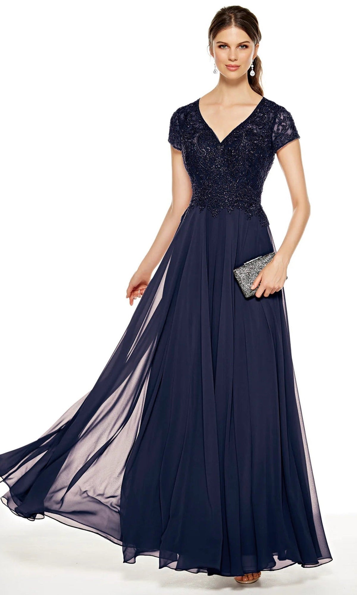 Alyce Paris 27389 - Lace Appliqued V-Neck Chiffon Gown