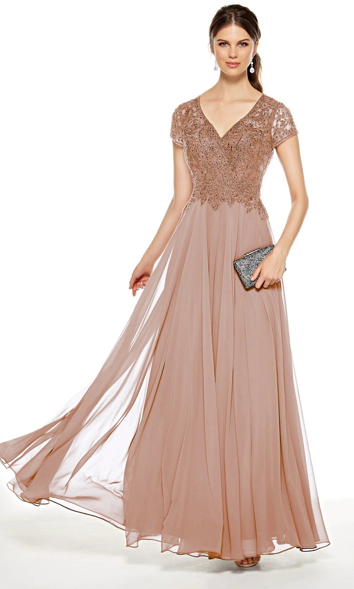 Alyce Paris 27389 - Lace Appliqued V-Neck Chiffon Gown