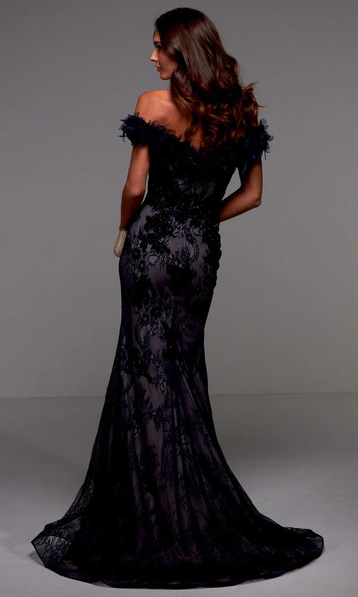 Alyce Paris 27490 - Feathered Off Shoulder Lace Dress