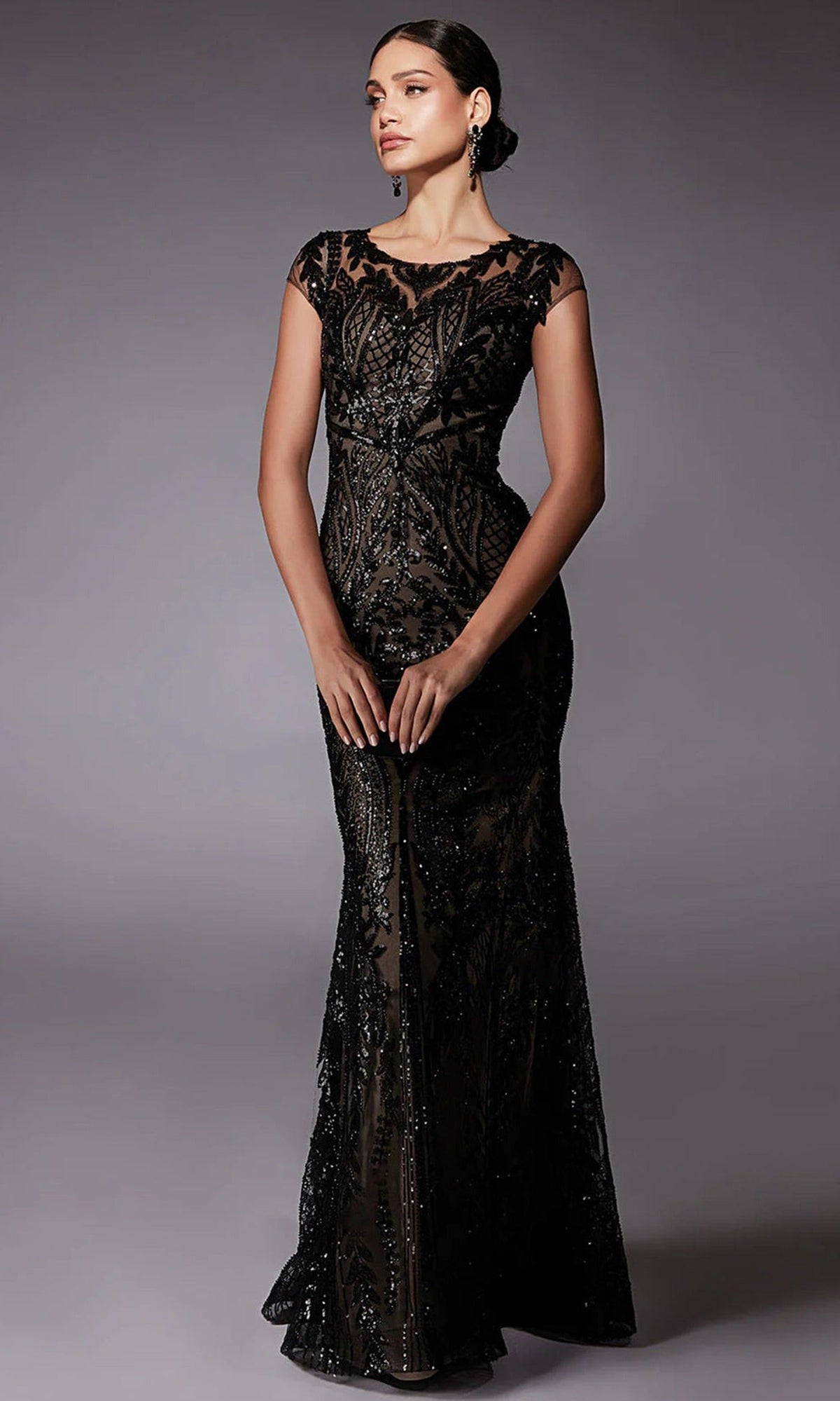 Alyce Paris 27716 - Patterned Sequin Fitted Gown with Cap Sleeves
