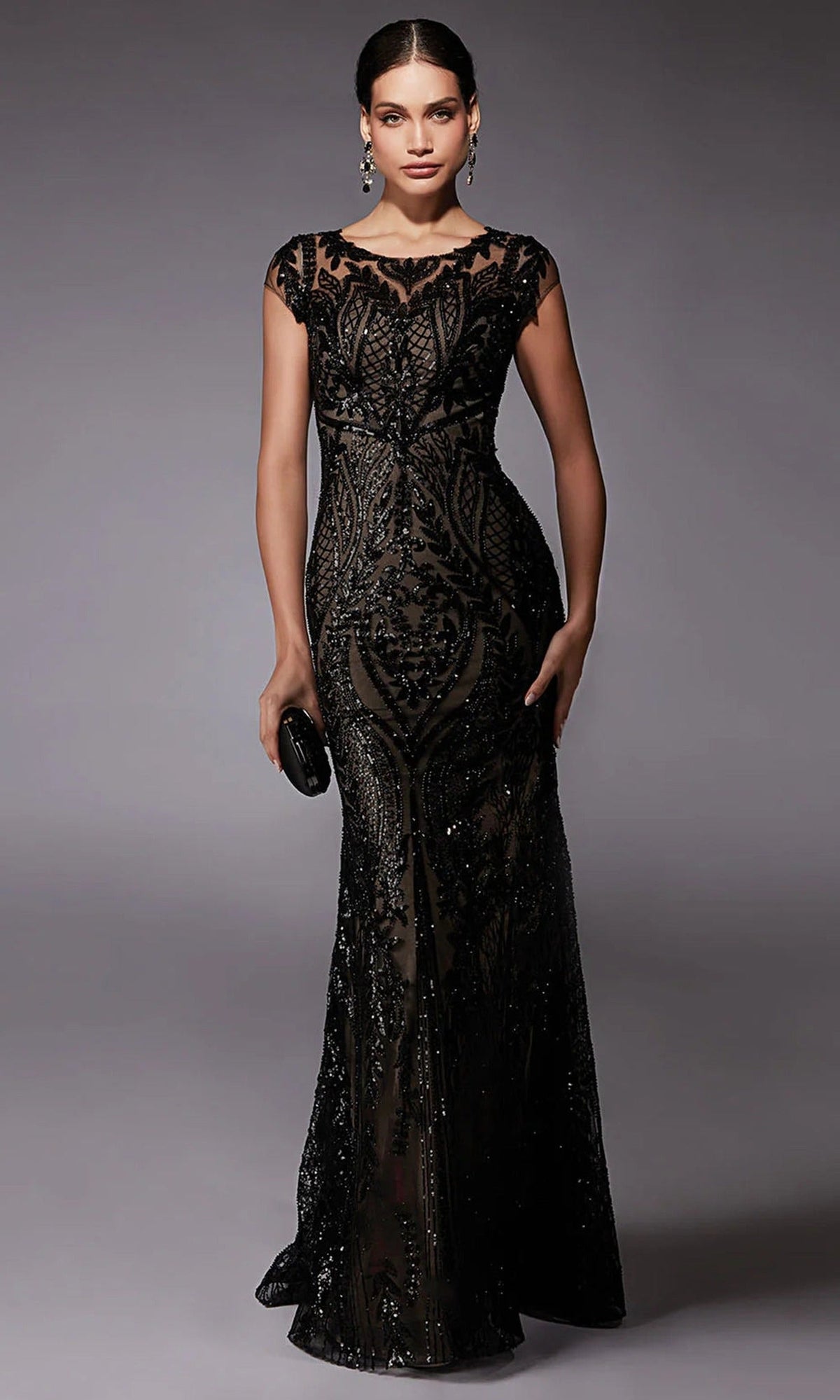 Alyce Paris 27716 - Patterned Sequin Fitted Gown with Cap Sleeves