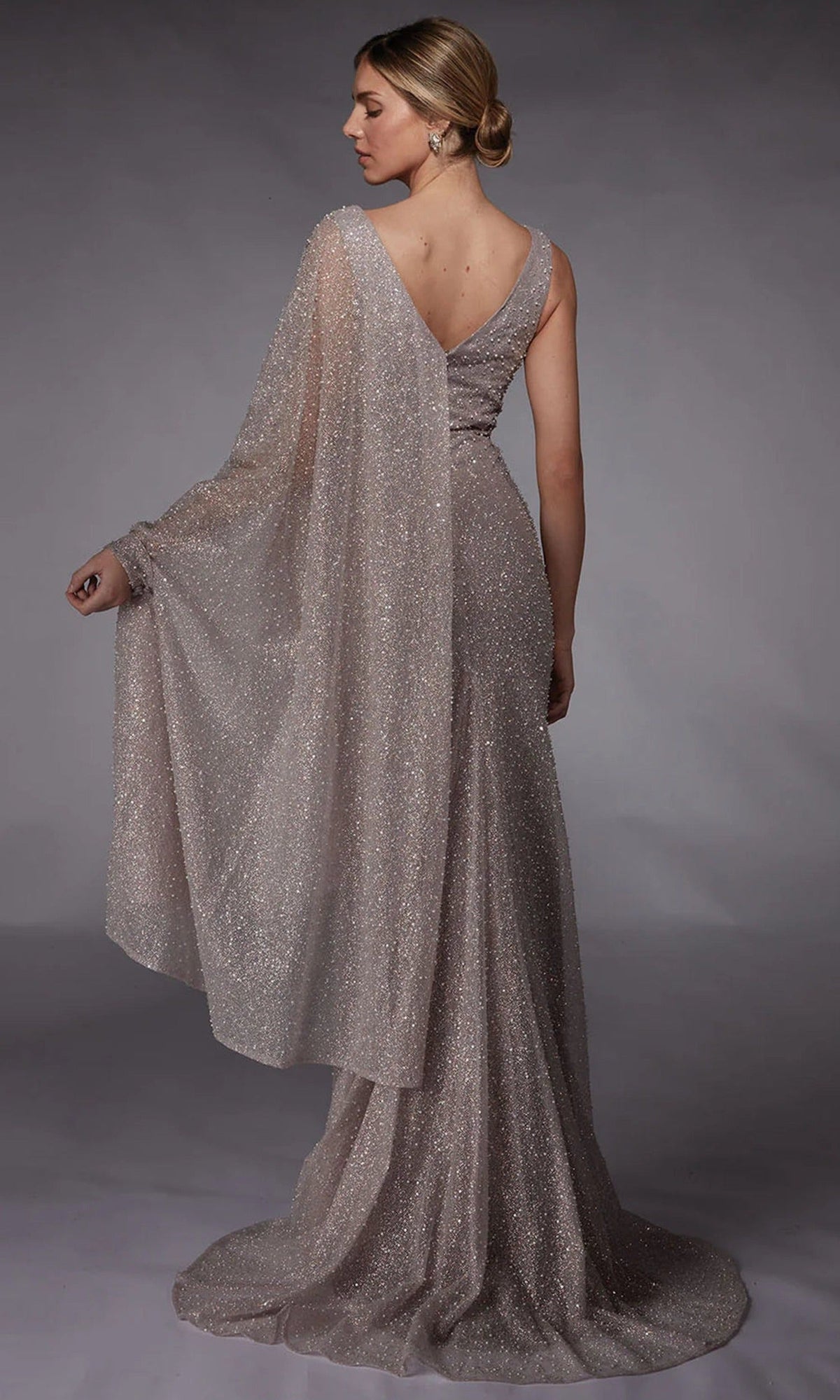 Alyce Paris 27772 - Draped Cape Beaded Glitter Tulle Gown